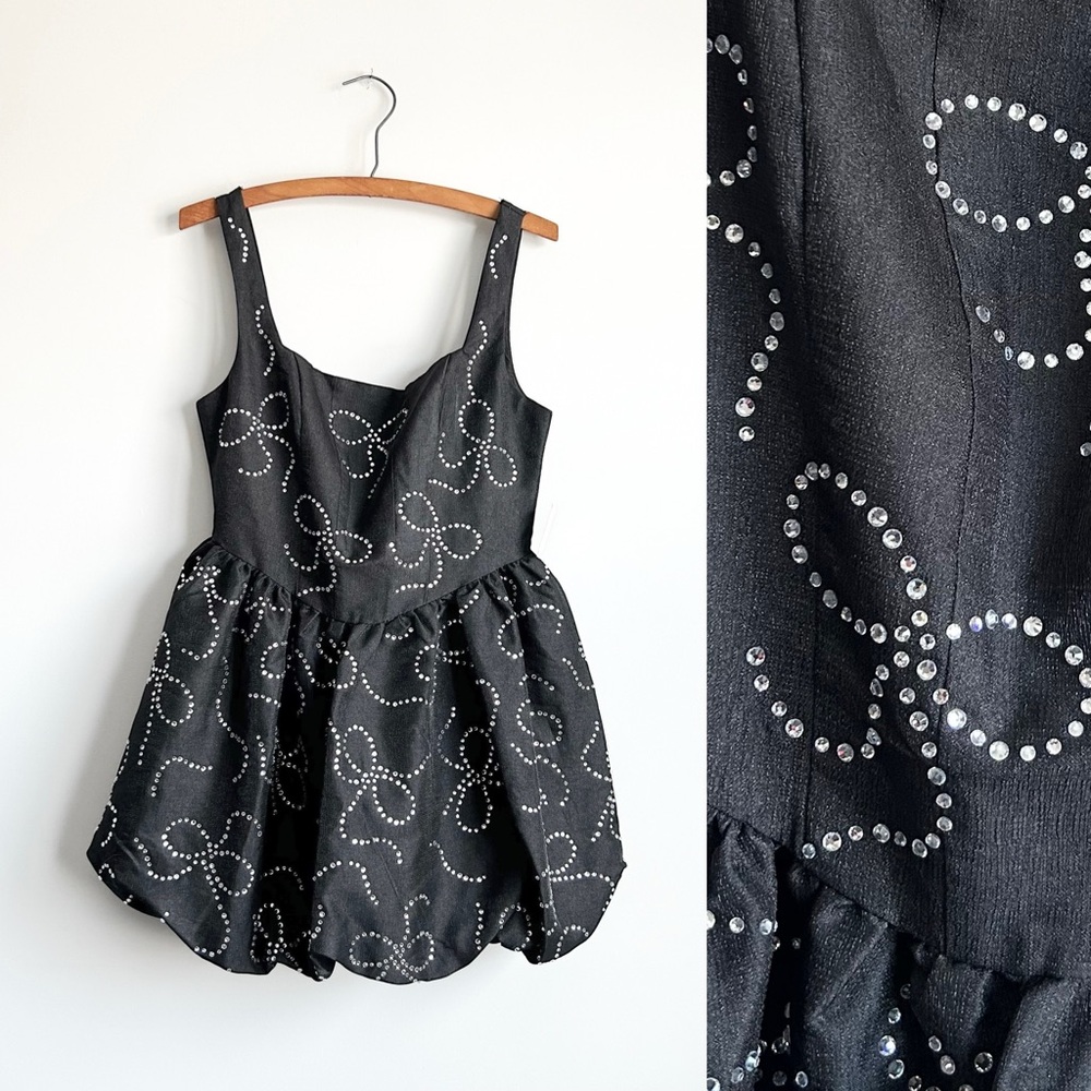 NWT Altar’d State Rhinestone Bow Bubble Hem Mini Dress Small Black Silver